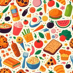 seamless food pattern background illustration.natural organic healthy fresh vegetable fruit tomatoes icon doodle wallpaper.eatery vegetarian vegan ingredient green nature texture vector design.