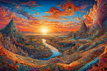 Colorful Surreal Landscape at Sunset. Created with Generative AI