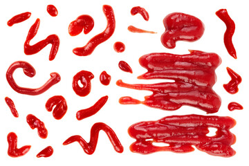 Red tomato sauce or ketchup isolated on white background . Top view. Flat lay