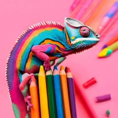 Selbstklebende Fototapeten chameleon on multicolor pencils © marco