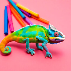 chameleon on multicolor pencils