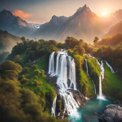 waterfalls landscape on a lake with mountains at sunset