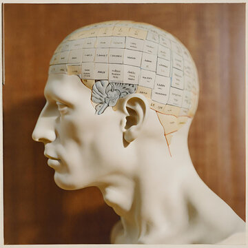 AI generated image of an human head with phrenology signs