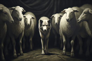 A wolf walks among a group of sheep, illustrating cunning and disguise - obrazy, fototapety, plakaty