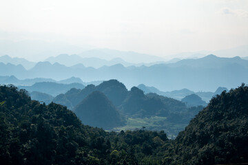 View from the Quan Ba Heaven Gate on the remote Ha Giang Loop road in Northern Vietnam across the...