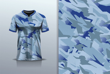 T-shirt mockup with abstract camouflage pattern jersey design for football, soccer, racing, esports, running, in blue color © Nimpuna O
