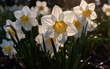 Daffodils in the morning sun. Daffodil is a genus of herbaceous flowering plants in the daffodil family.