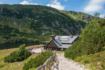 Samotnia Hut on Maly Staw Lake in Karkonosze National Park, Poland