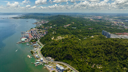 Top view of city of Sandakan capital of the Sandakan district in Sabah, Malaysia.