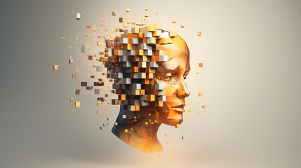 Abstract digital human head constructing from cubes. Minimalistic design for business presentations, flyers or posters. Technology and robotics concept. Voxel art. 3D vector illustration. - obrazy, fototapety, plakaty