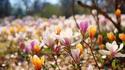 Beautiful blooming magnolia flowers on blurred background, closeup