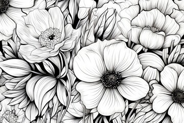 Coloring book flowers doodle style black outline.