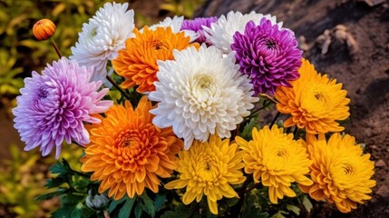Colorful autumn chrysanthemum flowers in the garden.