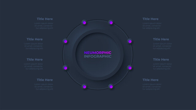 Cycle diagram with 8 options or steps. Dark infographic neumorphism template