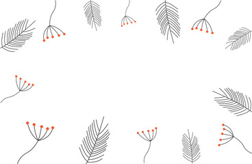 Winter decorations background frame. Berries and branches doodle style seasonal