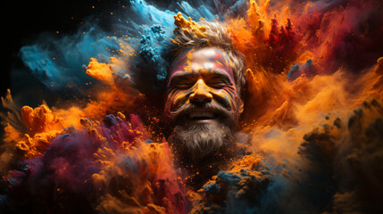 portrait of a person with a colorful powder around and on his face