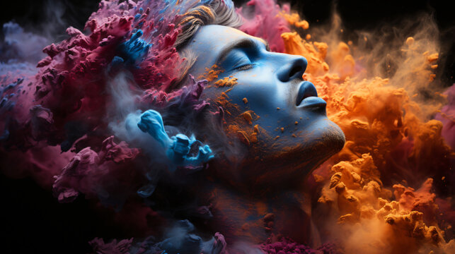 portrait of a person with a colorful powder around and on his face