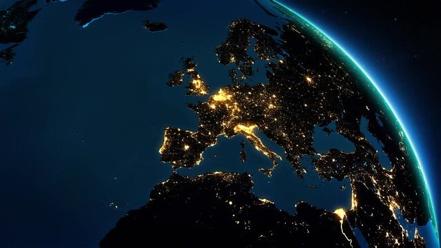 
Planet Earth Rotating From Europe to North America. Beautiful view of the World Seen From Space with City Lights.
