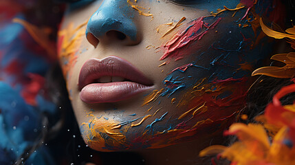 portrait of a girl with a paint on face mouth close up