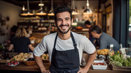 Fototapeta na wymiar A young handsome male restaurant owner wearing an apron and white t-shirt smiles and stands next to a kitchen counter. Relatable personality.