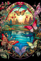 Schmetterlinge - Glasmalerei Mosaik von Tieren am Teich - buntes Tiffany Glas