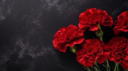 mourning red carnations on a black background with space for text.