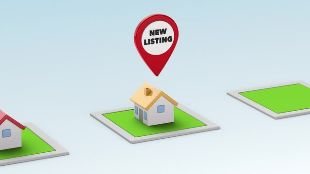 New listing real estate concept 3d animation with red map pin 