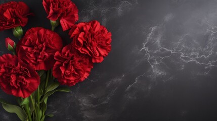 mourning red carnations on a black background with space for text.