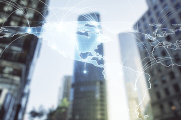 Double exposure of abstract digital world map hologram with connections on blurry cityscape background, big data and blockchain concept