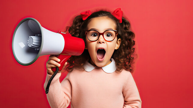little child shouting through megaphone, child with megaphone, A child speaks into a loudspeaker isolated on red background.