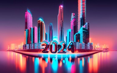 Happy New Year: Sky-high Spectacle - Ringing in 2024 with Glittering Skyscrapers in Celebration! Background, Pattern, Wallpaper, Vector - obrazy, fototapety, plakaty