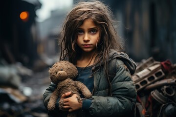 Little crying Palestine girl hugging dirty teddy bear blurred destroyed buildings behind