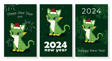 Cute dragon. New Year's green dragon. Drawing of a green dragon for the new year. New Year greeting cards set. Vector illustration