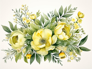 set in stile acquerello di bouquet floreale , eleganti  foglie e rami, peonie, colori tenui giallo e verde, fondo bianco scontornabile  - obrazy, fototapety, plakaty