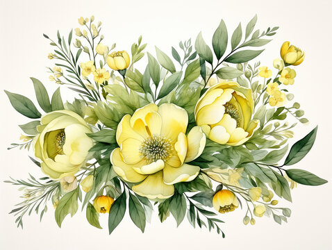 set in stile acquerello di bouquet floreale , eleganti  foglie e rami, peonie, colori tenui giallo e verde, fondo bianco scontornabile 