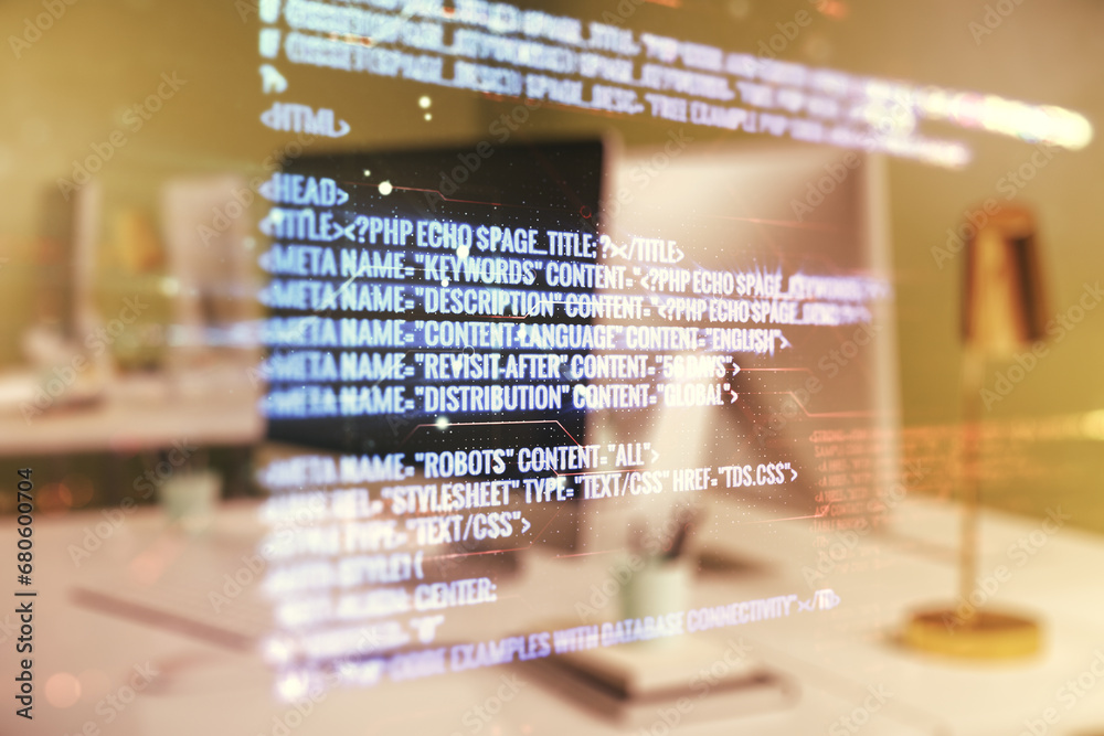 Aufkleber Multi exposure of abstract programming language hologram on computer background, artificial intelligence and machine learning concept