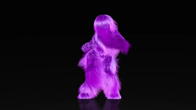 Purple hairy cartoon character funny Dancing  , furry beast having fun,  looping animation, modern minimal seamless motion design, on a black background. 3D loop animation.