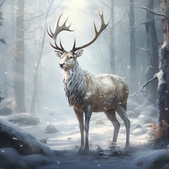 "Experience the enchantment of majestic reindeer as they roam freely in the picturesque snowy woods, creating a scene of pure winter magic." Generativ Ai.