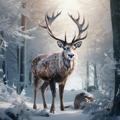 "Witness the majestic beauty of reindeer gracefully roaming through the serene snowy woods in this captivating winter scene." Generativ Ai.
