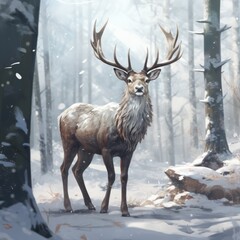 "Witness the majestic beauty of reindeer gracefully roaming through the serene snowy woods in this captivating winter scene." Generativ Ai.