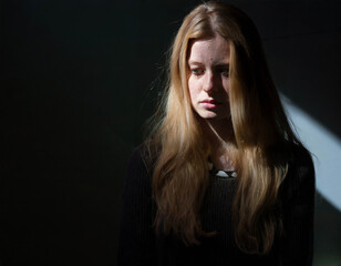 Portrait of a sad and depressed young woman, long blond hair and problematic skin. Anxiety and depression concept.