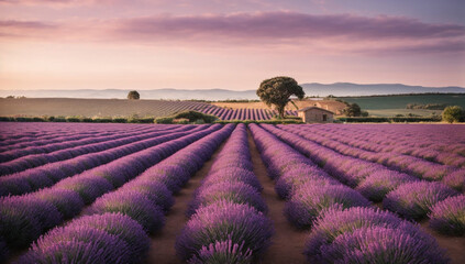 Serene and idyllic lavender farm, with neat rows of purple blooms stretching to the horizon - AI Generative