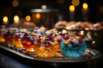 Obraz na płótnie Canvas Tray with tasty berry desserts on table, closeup view