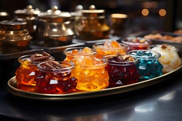 Traditional Turkish delight in glass jars on metal tray, close-up - obrazy, fototapety, plakaty