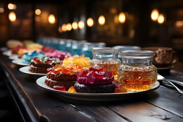 Colorful candies in glass jars on the table in a cafe