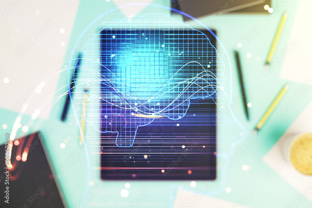 Aufkleber double exposure of creative human head microcircuit and modern digital tablet on background. future 