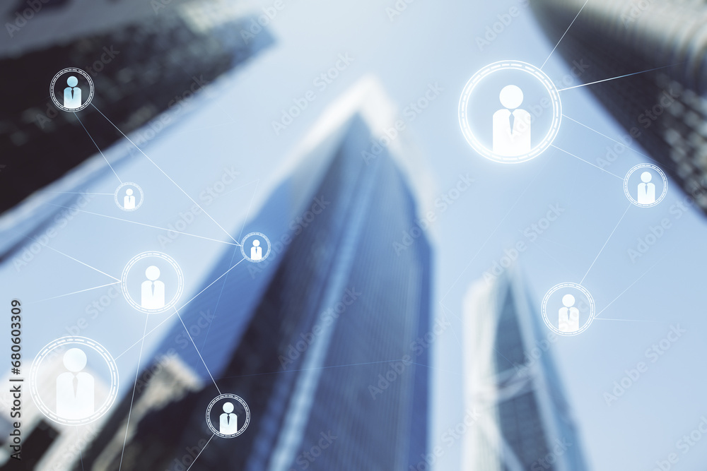 Poster Abstract virtual social network hologram on modern architecture background. Double exposure