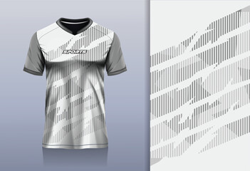 T-shirt mockup with abstract stripe line sport jersey design for football, soccer, racing, esports, running, in white gray color © Nimpuna O
