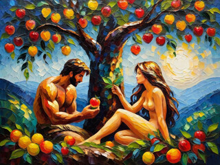 Adam and Eve in the paradise of Eden, Ai - obrazy, fototapety, plakaty