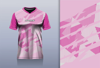 T-shirt mockup with abstract stripe line sport jersey design for football, soccer, racing, esports, running, in pink color © Nimpuna O